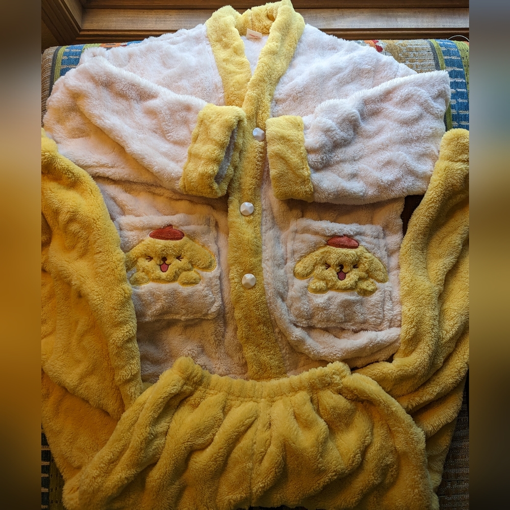 PeachyBaby Sanrio Pompompurin Size XXL Yellow Chenille Button Cardigan Pants Set
